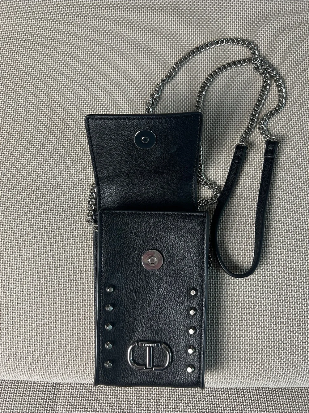 Twin-Set Black Leather Studded Crossbody Phone Case with Silver Chain